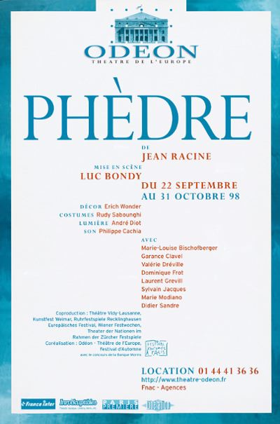 Affiche du spectacle Phèdre, de Jean-Racine; adaptation & réalisation Luc Bondy